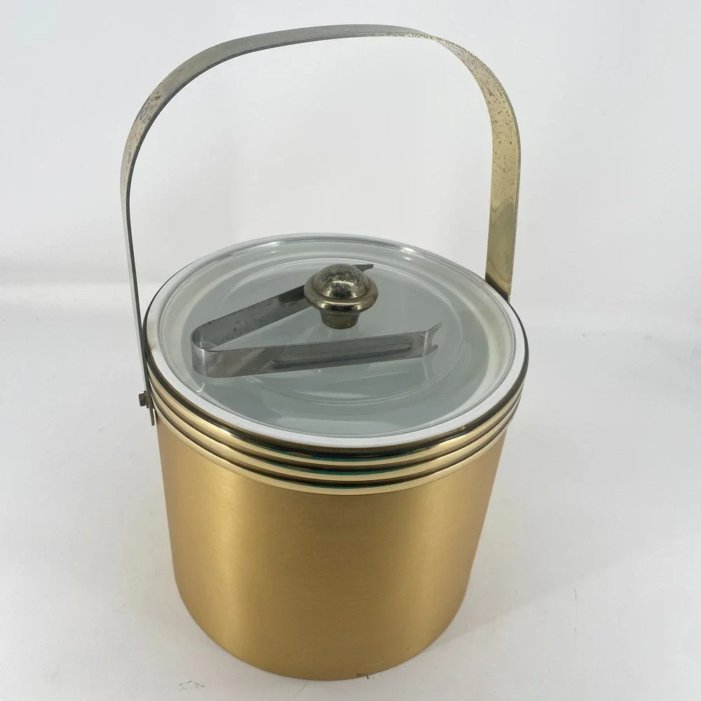 Vintage Ice Bucket Gold Toned with Lid and Ice Tongs Mid Century Barware Round